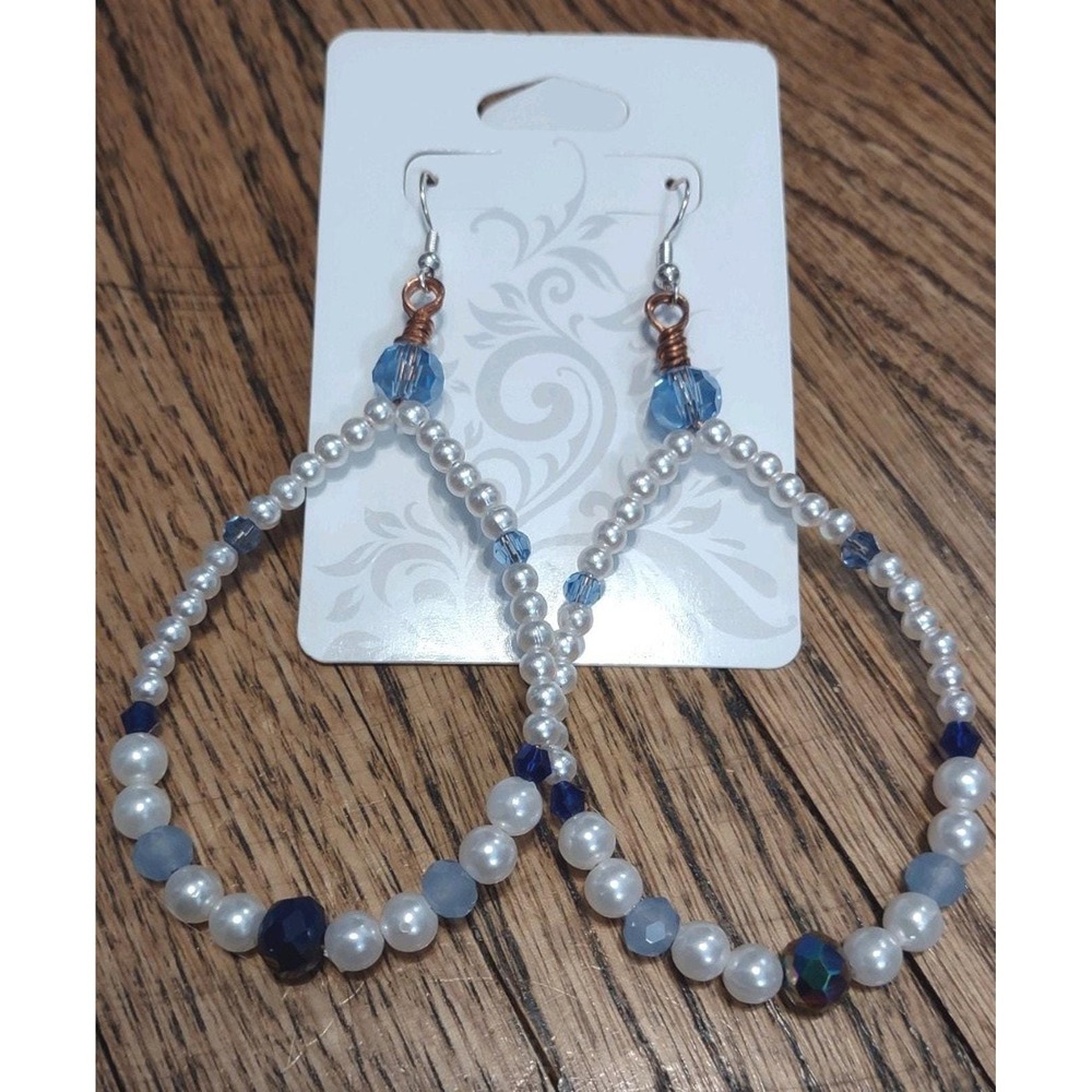 Multi-Blue Pearl Beaded Hoop Earrings Copper Wire Wrap Boho Teardrop
